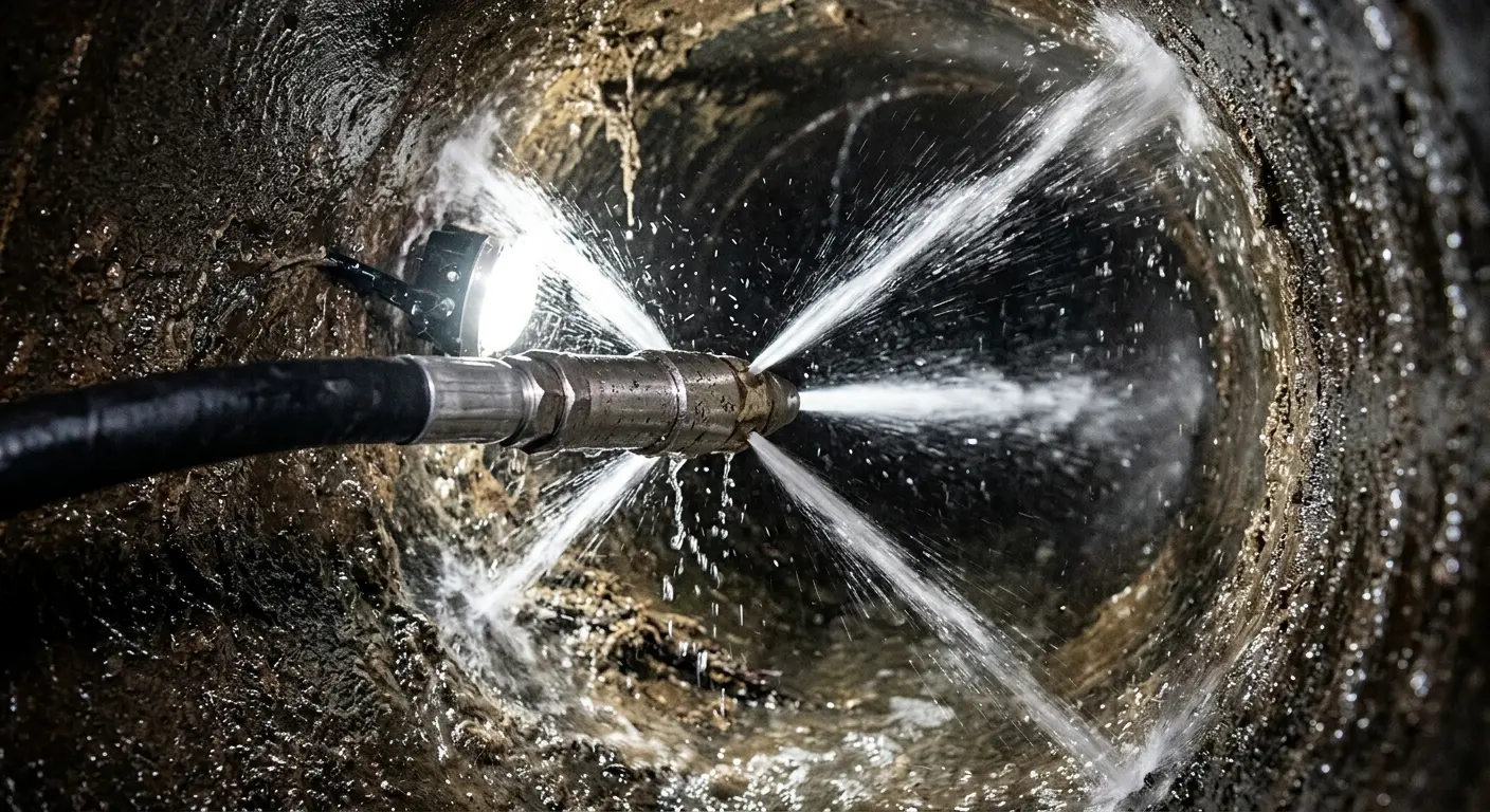 High-pressure hydro jetting nozzle cleaning sewer pipe for Trenchless Sewer Repair in Willowbrook