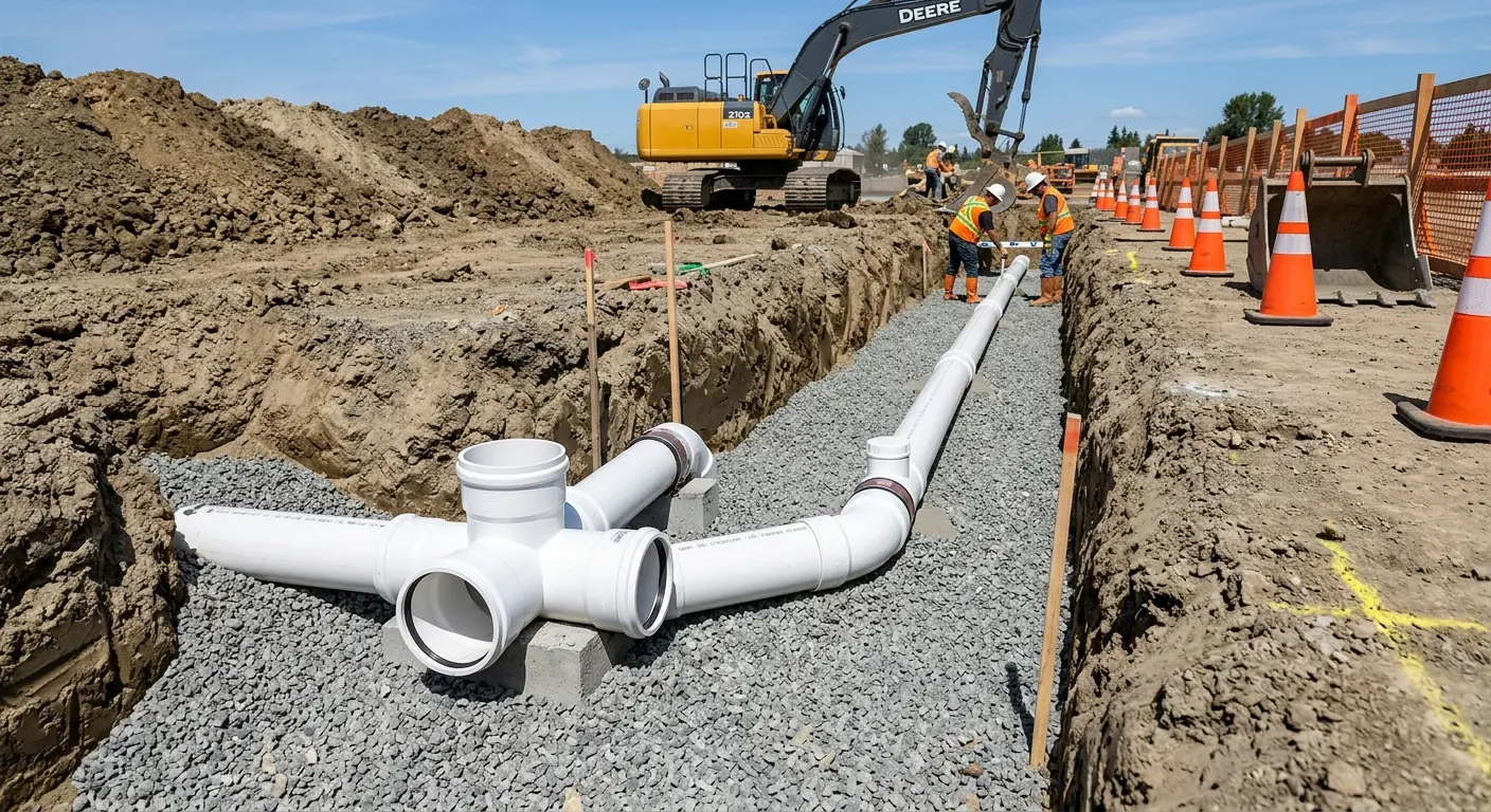 New PVC sewer pipe installation in open trench for Sewer Backup in Willowbrook