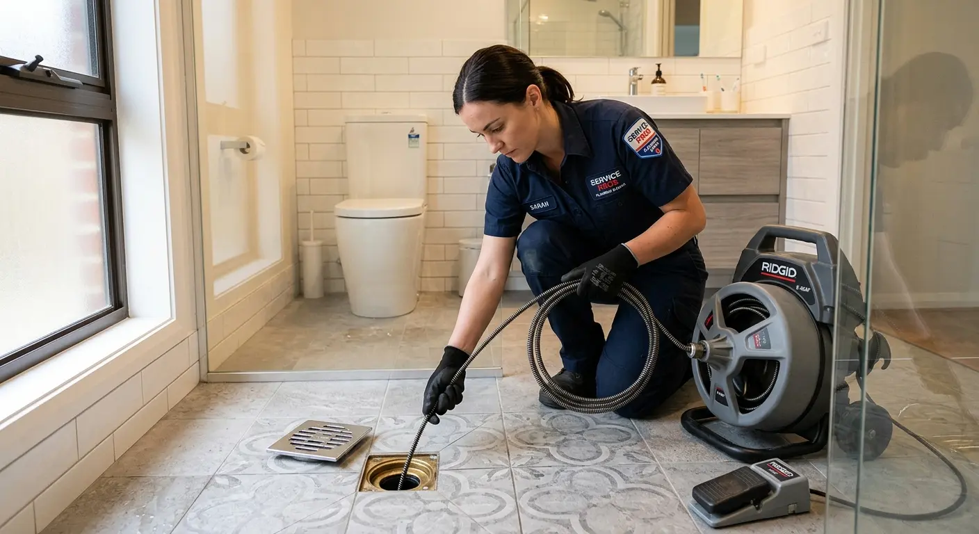 Technician clearing a bathroom floor drain for Drain Repair in Willowbrook